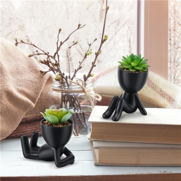 Fake Succulent, Mini Succulents Plants Artificial in Black Modern Human Shaped - Picture 10 of 16